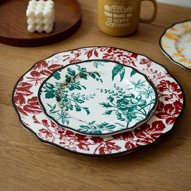 Keramikteller im europäischen Stil, Vintage, üppiger Blumendruck, westliches Essen, Speiseteller, Nachmittagstee, Dessertteller, Geschirr