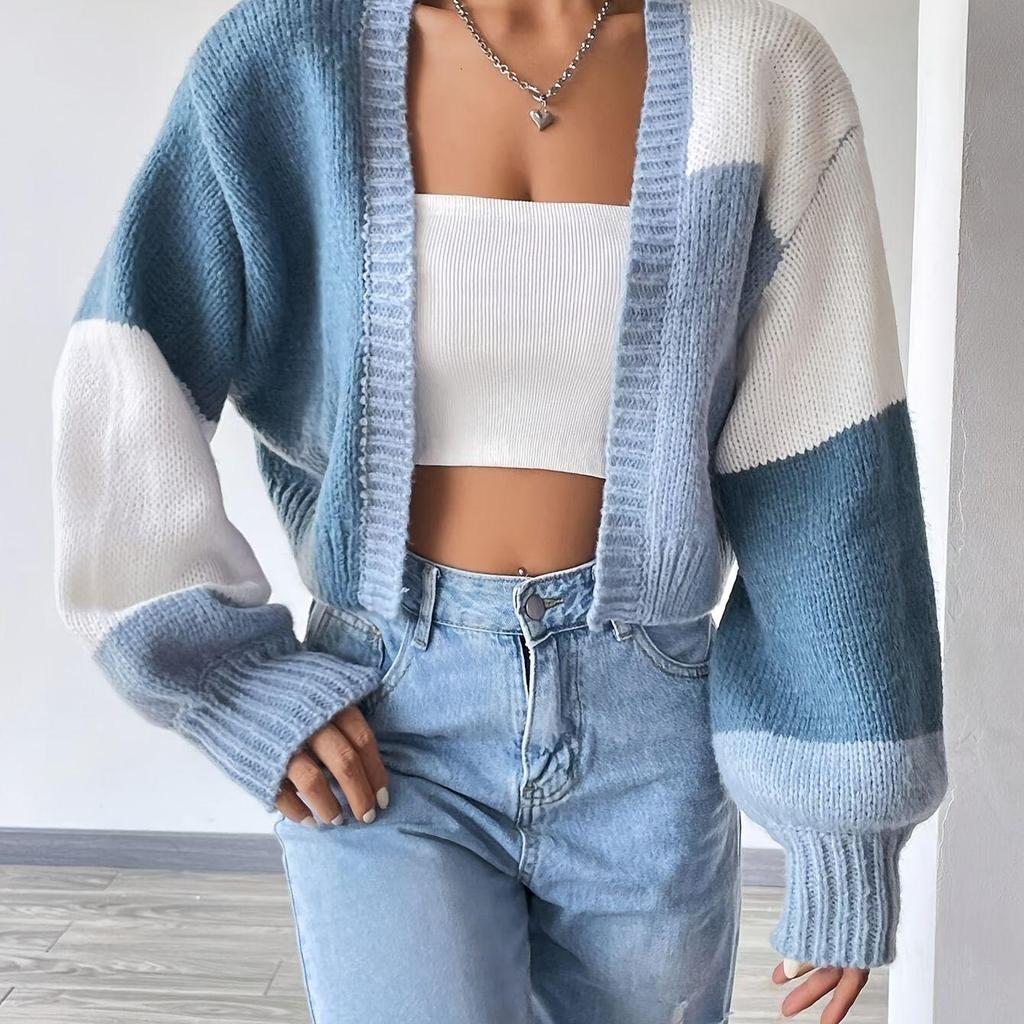 Women's European Style Color Block Cardigan: Retro Stripe Long Sleeve Knit Sweater