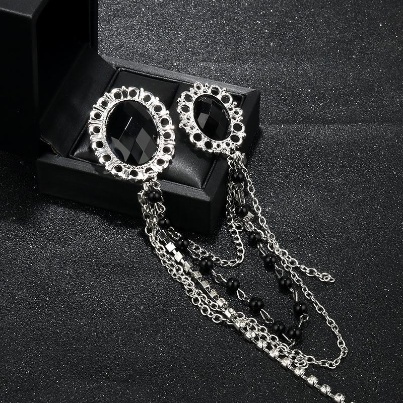 British Style Crystal Lapel Brooch High End Double Chain Pin Luxury Suit Badge for Men Wedding Business Banquet Decor