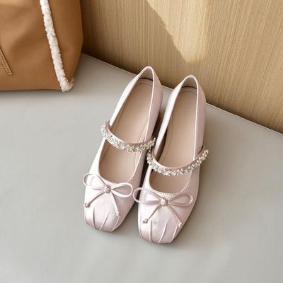 Fashion French Mary Jane Shoes Bow 2025 Spring New Satin Comfortable Soft Sole Inside Heightening Single Shoes Small Size