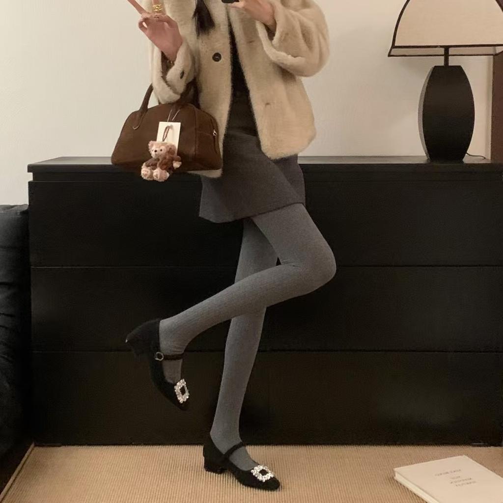 grey rhinestone thick heel Mary Jane shoes for women's winter wear new Korean version of square head woolen single shoes with velvet thermal 