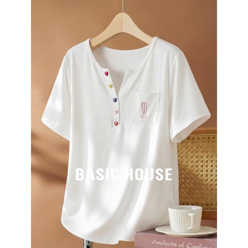 Basic House Women s Embroidered Half-Open Collar Short-Sleeve T-Shirt 2XL