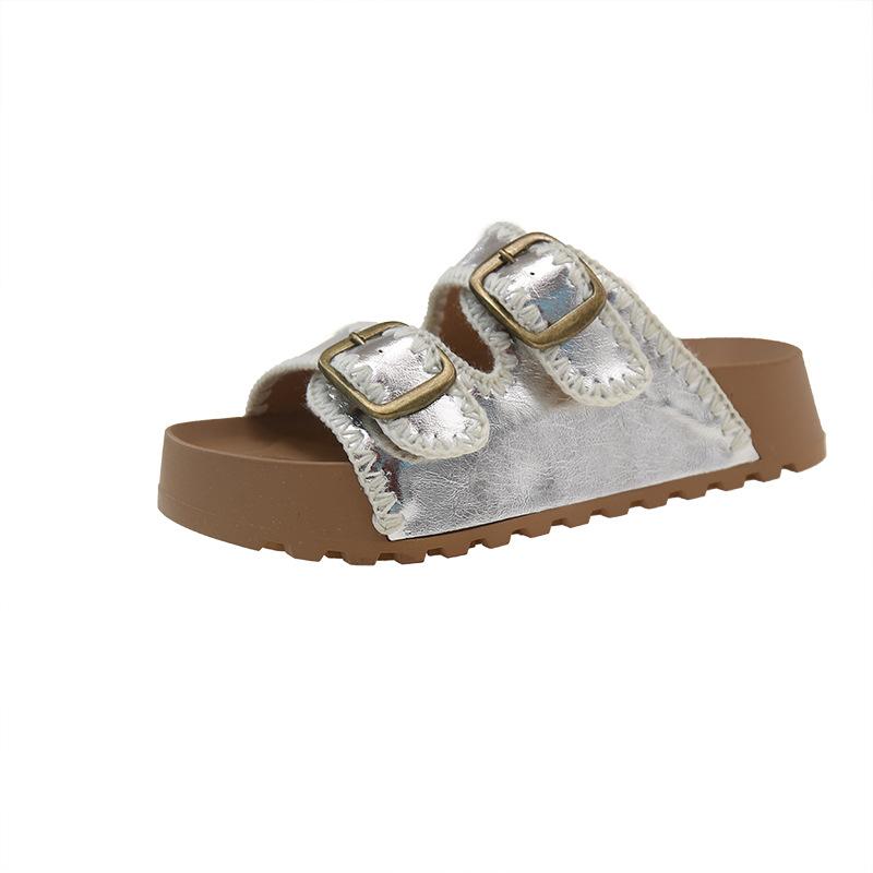 2025 Summer New Belt Buckle Round Head Open-toed Casual Cool Slippers Women's Korean Version Thick-soled Small Fragrant Beach Sandals
