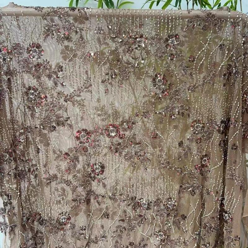 Elegant Beads Sequins Lace Fabric Sequins Embroidered Lace Fabric Diamond Fringe Wedding Dress Material for Clothing