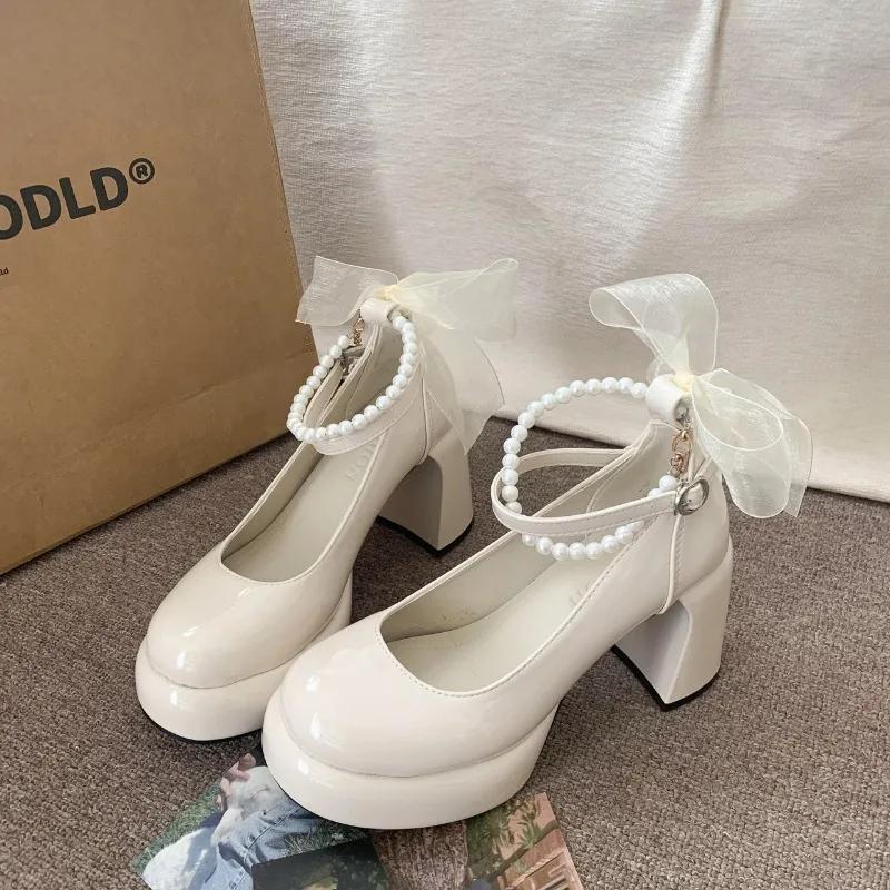 Fashion Mary Jane Shoes Women's Spring New Ultra-high Heel Pearl Chain with Platform Block Heel Wedding Shoes Lolita Shoes
