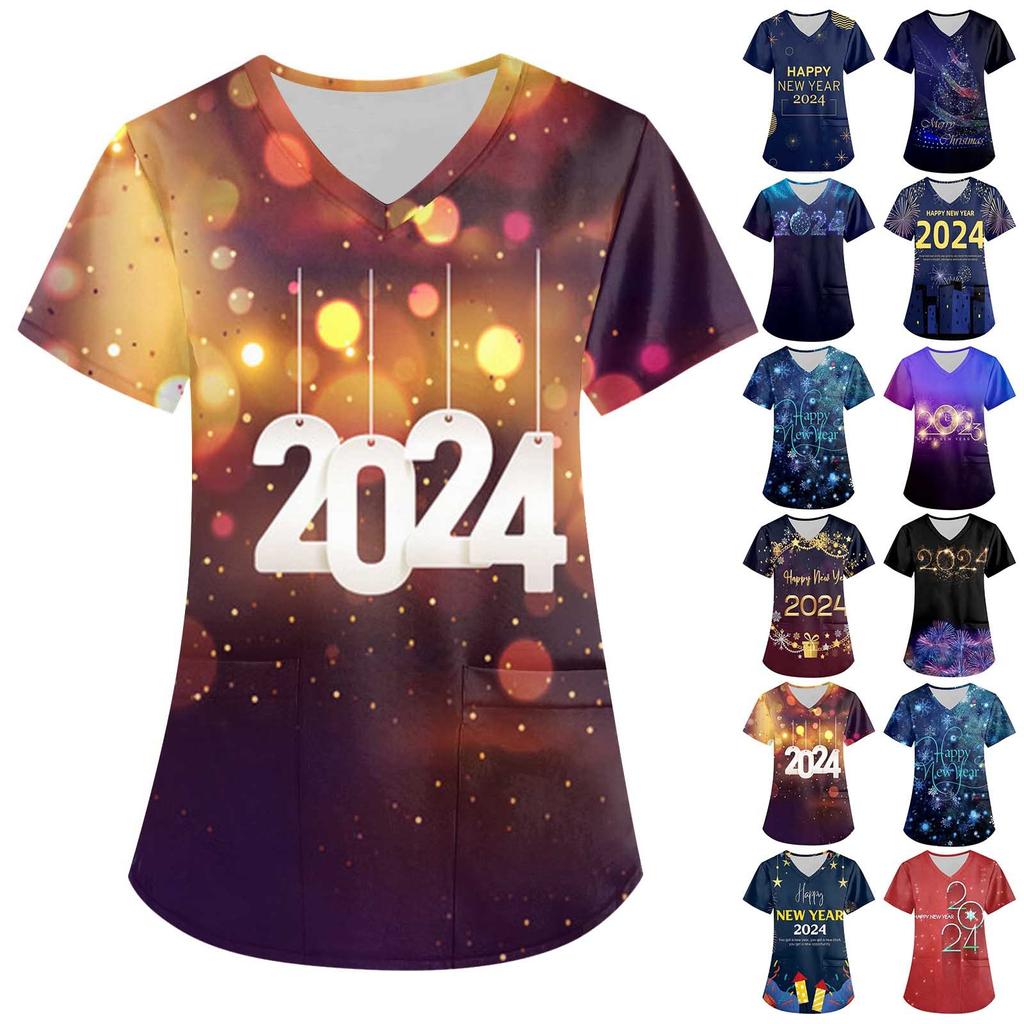 Women's Fashion 2024 New Year Printed Short Sleeve V Neck Pattern Tops Pocket Working T-shirts