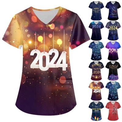Damenmode 2024 Neujahr Bedruckte Kurzarm-Oberteile mit V-Ausschnitt und Mustertasche Arbeits-T-Shirts