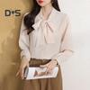 Women Shirt Lace-up Bowknot Collar Long Sleeve Casual Shirt Solid Color Loose Fit Chiffon Shirt Tops Daily Wear