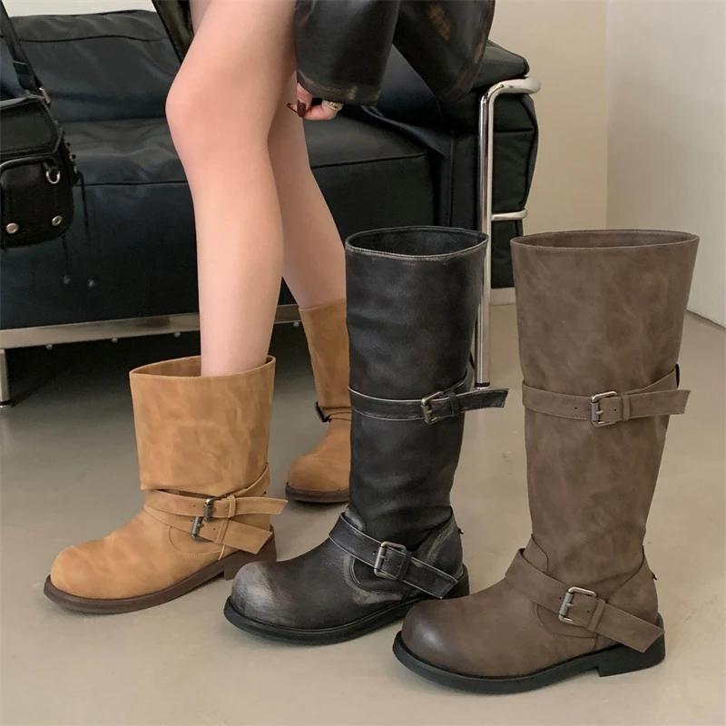 Eilyken Winter Punk Design Belt Buckle Knee High Boots Women Fashion Round Toe Square Heels Shoes Modern Booties  De Muje