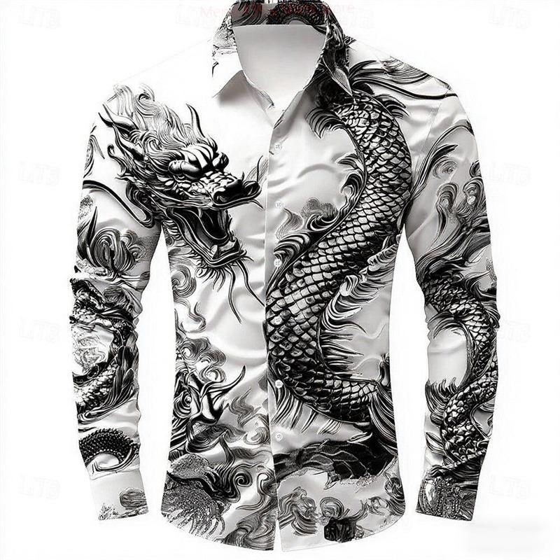 multicolour Dragon Men s Long Sleeve Shirt Button Fashion Casual Shirt Vacation Everyday Spring Lapel 3D Printed Men s Clothing 4XL