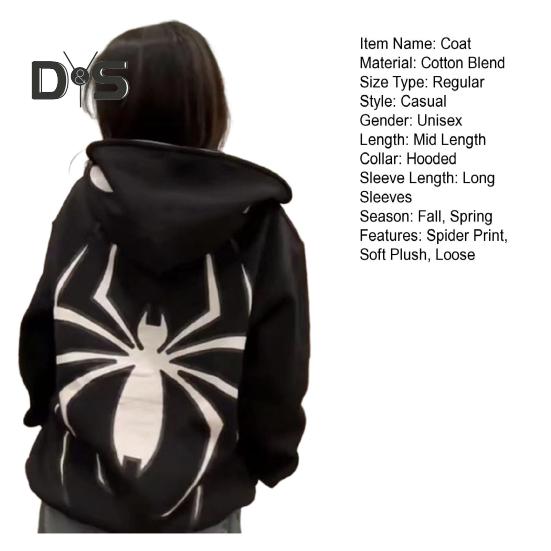 Płaszcz unisex Nadruk pająka Ciemny punkowy styl unisex Halloweenowy kostium Główna ulica Hip Hop Miękki pluszowy, zapinany na zamek, długi rękaw z kapturem, zimowy płaszcz jesienny