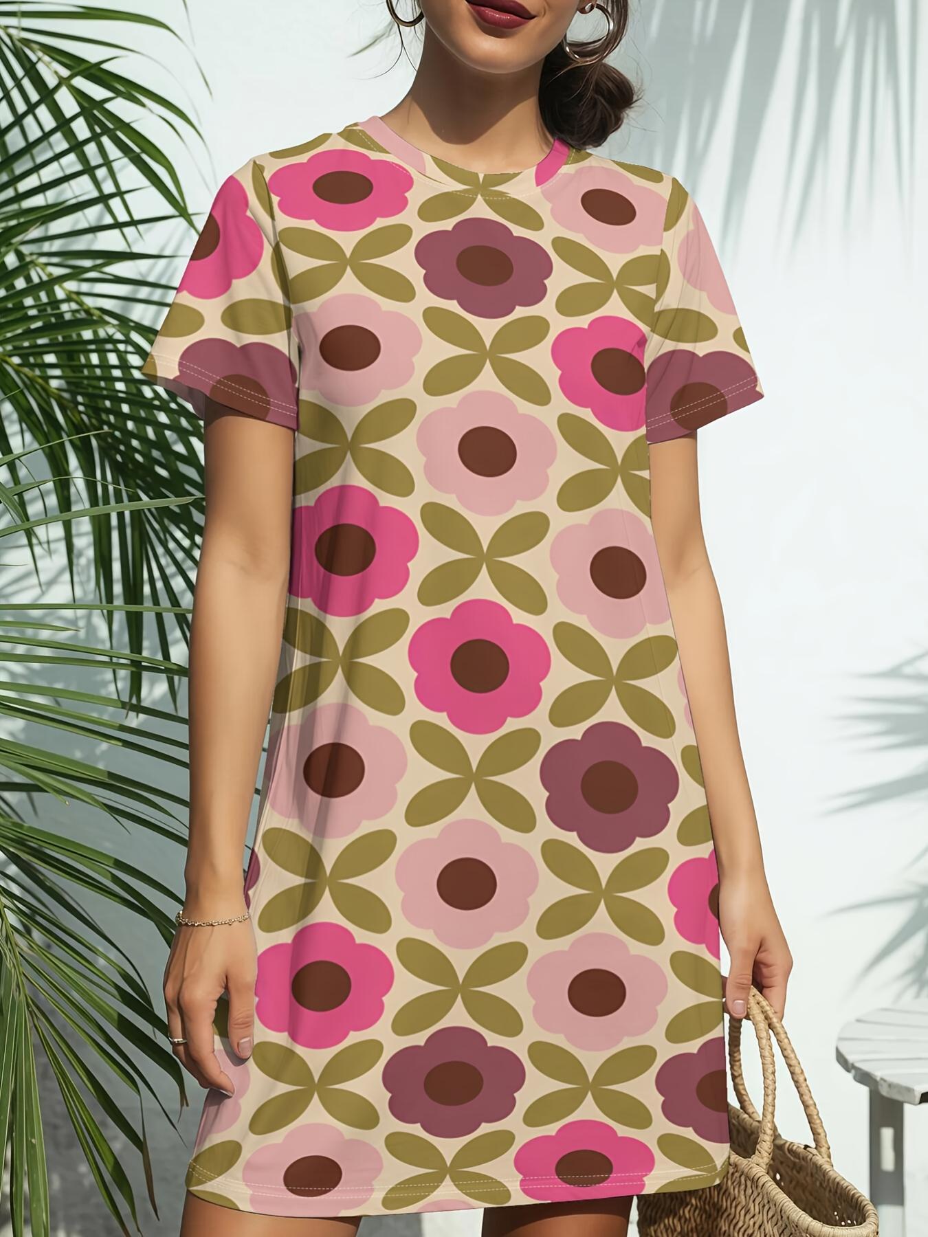 

Retro Floral VibeNew Arrival Women s Round Neck Short-Sleeve T-shirt Dress.American Trendy Digital Print. Casual Versatile Style for Spring and Summer M дубильная кора