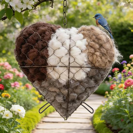 Casa de Nidificação para Pássaros Porta Material Ninhos de Pássaros Estrela Beija-flor Nidificador Metal Ninho de Pássaro Coração com Gancho para Pássaros Selvagens Quintal Exterior