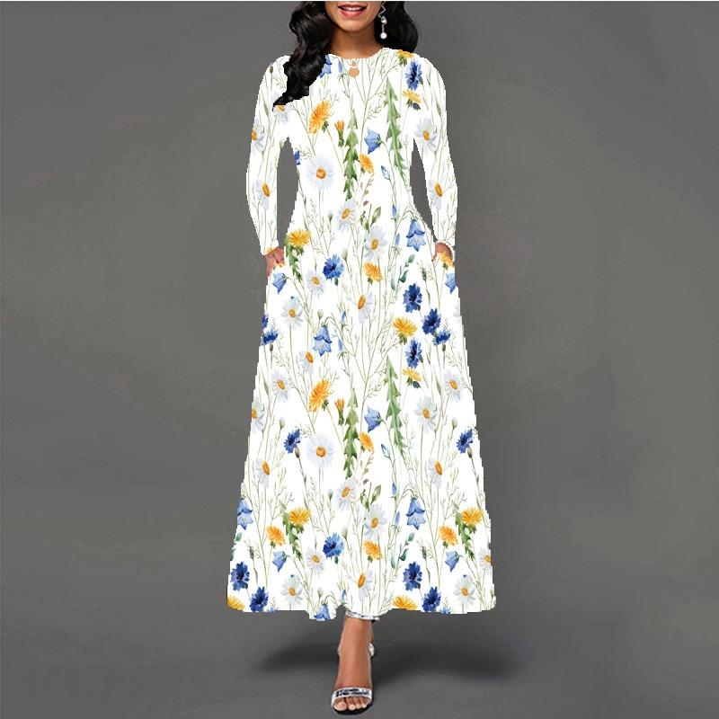 Women's large-size dress digital printing long-sleeved pendulum D temperament elegant