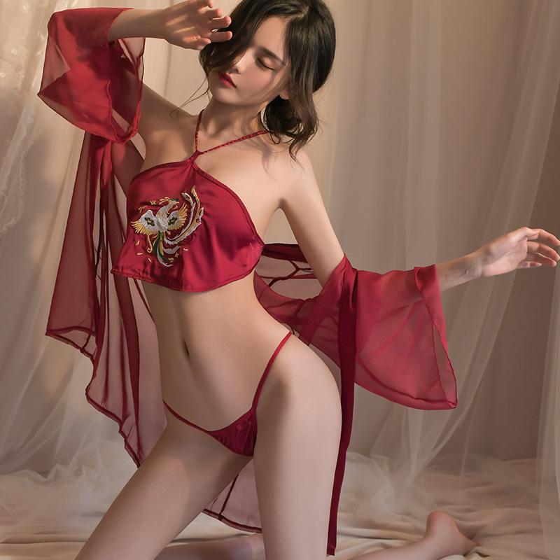 Sexy lingerie sexy ladies embroidered belly pocket three-point dress seduction transparent teasing passion nightdress set