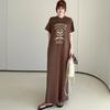 2026 Summer Fashion Women's Loose Short Sleeve Printed T-Shirt Dress - Over the Knee