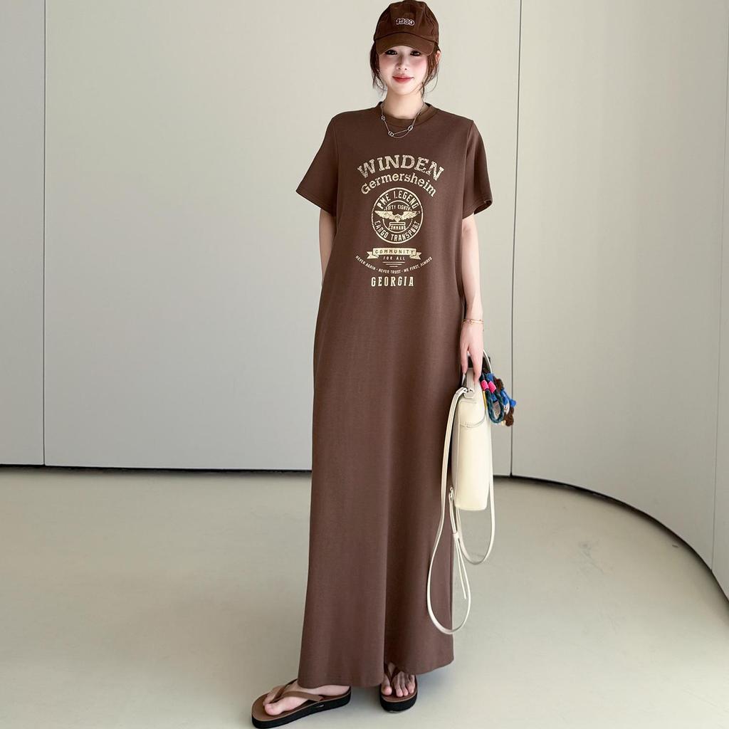 2026 Summer Fashion Women's Loose Short Sleeve Printed T-Shirt Dress - Over the Knee