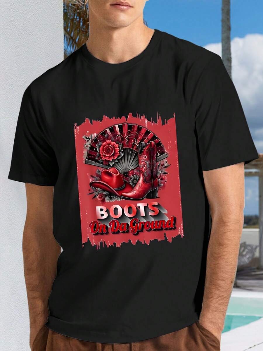 

Unisex Western Boots Graphic T-Shirt, Black White Casual Round Neck Te S