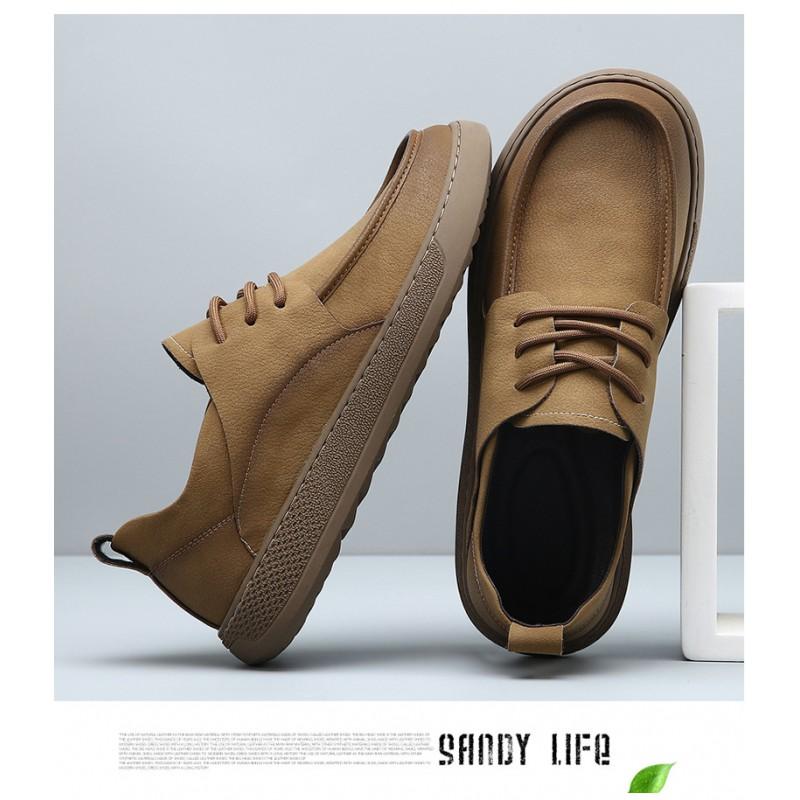 Mens Casual Leather Shoes 2026 British Style Round Toe Soft Sole Retro Flat Daily Wear