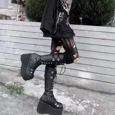 New Women Punk Leather Boots Black Wedge Platform Buckle Strap Long Motorcycle Boots Fashion Cosplay Street Outdoor Casual Shoes