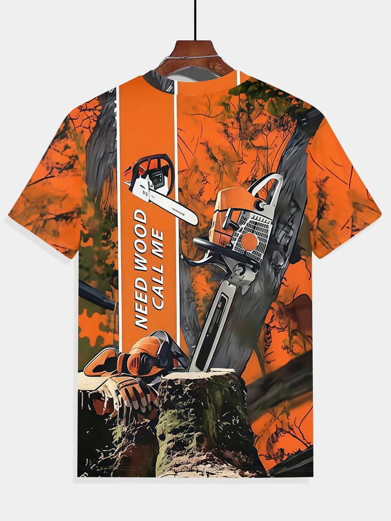 T-shirt da uomo girocollo con stampa 3D motosega e taglio del legno – Ispirata all'avventura all'aria aperta, Abbigliamento casual estivo, Traspirante e confortevole per l'escursionismo,