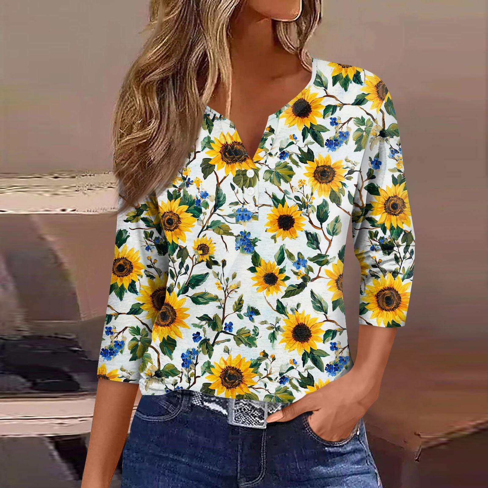 

Женский свободный повседневный топ с цветочным принтом и V-образным вырезом с рукавами семь четвертей Топ с V-образным вырезом и рукавами семь четвертей XXXL жёлтый