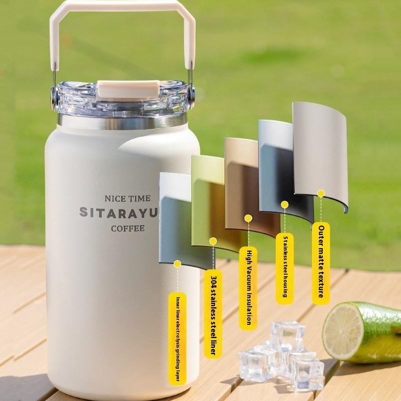 1200/1500ml Thermos Cup Stainless Steel Vacuum Flask Cold&Hot Cup with Handle Straw Cup Thermal Travel Mug Coffee Insulated Cup