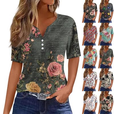 Women's T Shirt Tee Print Button Short Sleeve Daily Weekend Fashion Basic V- Neck Regular Top