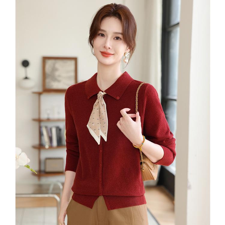 

Korean New Style Gentle and Fashionable Lapel Scarf Sweater Knitted Cardigan Jacket for Women XL красный