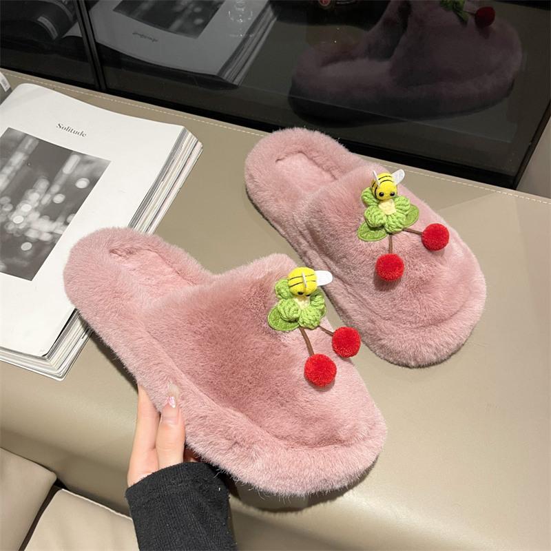 2024 Zimowe Buty Damskie Wiśniowe Kapcie Domowe Casualowe Damskie Puszyste Klapki Jesienne Ciepłe Pluszowe Kapcie Sypialniane Damskie Bawełniane Buty