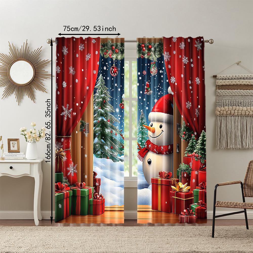 2 stuks Kerst Raamgordijn Sneeuwpop Kerstboom Designs Met Sneeuwvlokken Tunnelzak Polyester Materiaal Voor Woonkamer Keuken