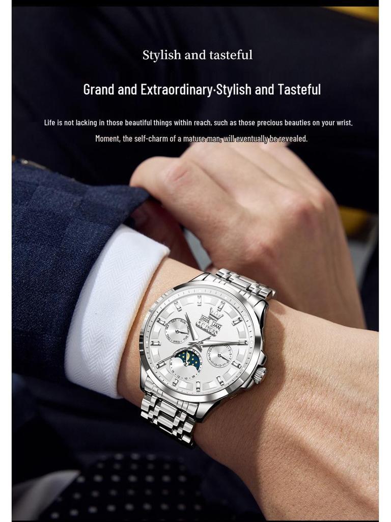 Oulishi Multifunktionale Automatische Wasserdichte Herrenuhr mit Ewigem Kalender