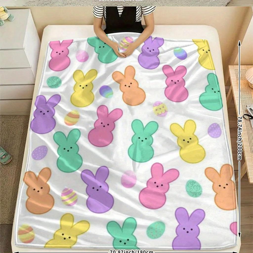 1 Stück Osterbunte Flanelldecke mit Hasenmotiv, 2D-Flachdruck, Ganzjahres- & Feiertagsdecke, Gemütlicher Überwurf für Kinderzimmer, Wohnzimmer, Camping