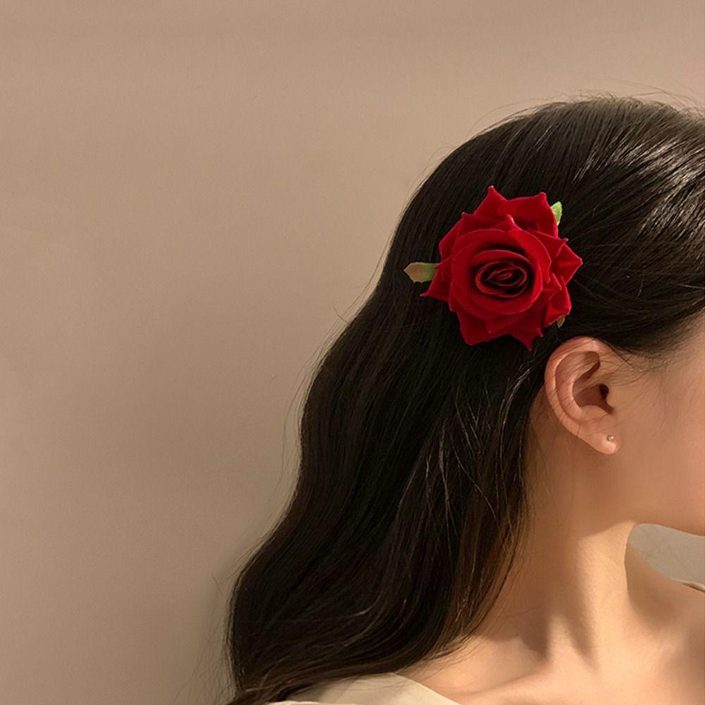 Bohemian Style Red Rose Hairpin Korean Style Girl Hair Clip Sweet Flower Hair Clip  Summer