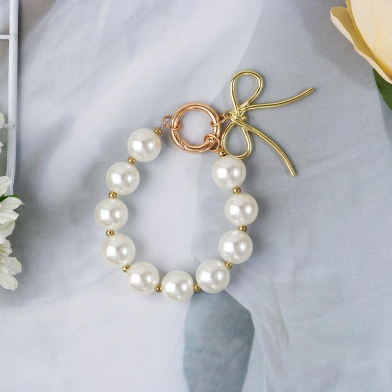 Delicate Keychain with Beaded Bowknot Phone Charm Unique Keyring Bag Pendant for Car Key Wallet Backpack Purse