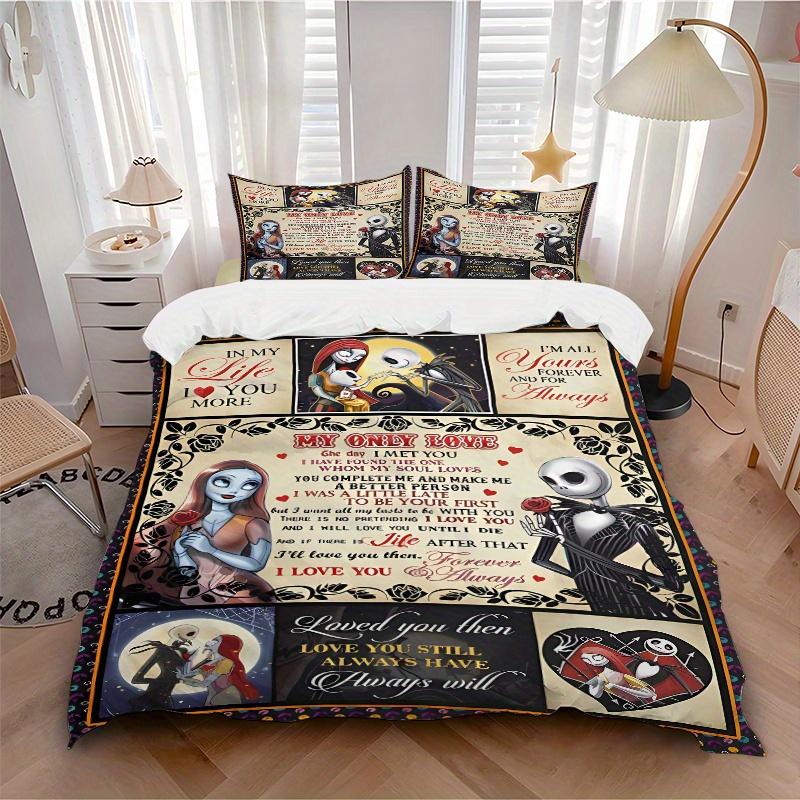 3pcs My Only Love Jack and Sally Printed Bedding Set, Soft and Comfortable Quilt Cover for Bedroom, Guest Room F067