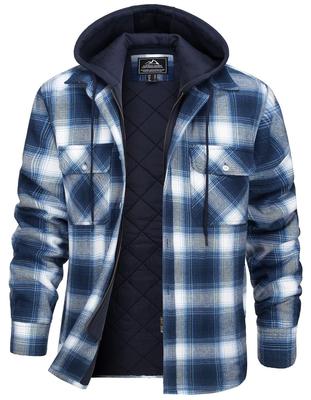KEFITEVD Windproof and Cotton Plus Flannel Long Checked Blue and XL Men's Hoodie, Warm, Hooded, Padded, Size, Shirt, Sleeve, Jacket, Hardwearing,