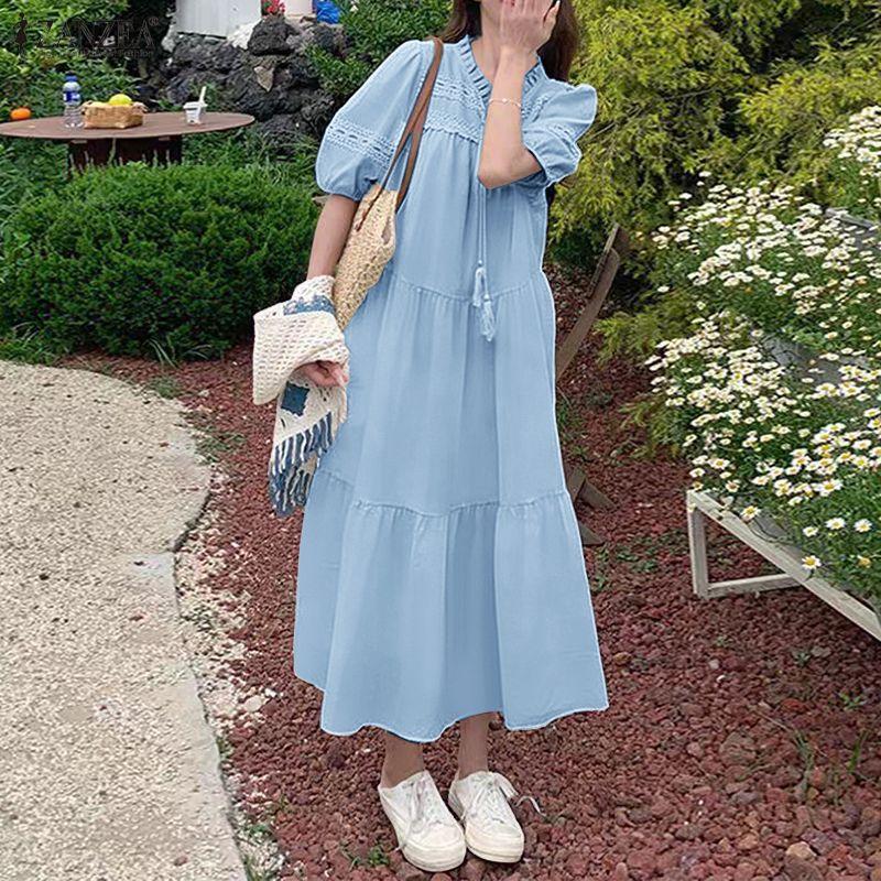 ZANZEA Women Casual Round Neck Elegant Lace Patchwork Short Sleeve Long Dress