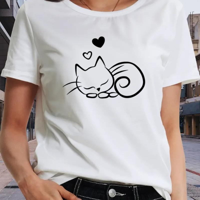 A Relaxed Crew Neck Shirt Suitable for Any Time of The Year, Showcasing a Cute Cat Graphic. It'S Safe for Machine Washing, Offers a Fit,