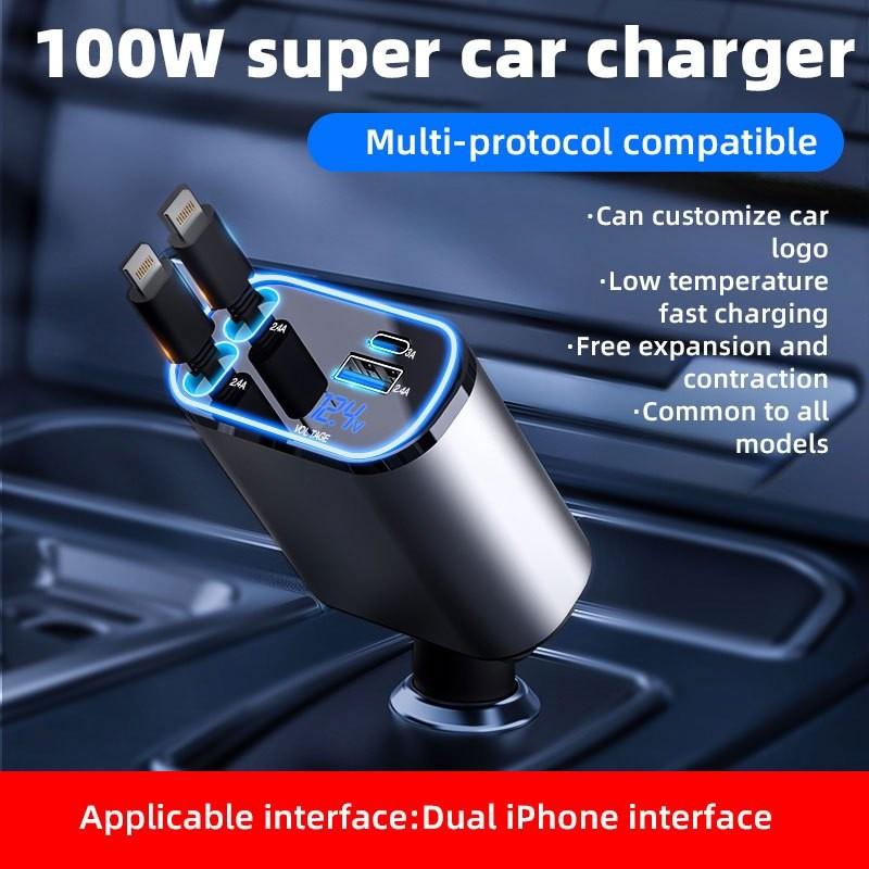 120W 4 In 1 Car Charger Multi Functional Scalable Cable Portable Car Fast Charging Mobile Phone Adapter