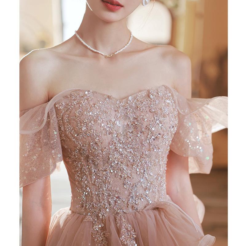 Pink Evening Dress 1011 New Celebrity Temperament Super Fairy Engagement French Shoulder Dress Fairy Bridesmaid Dress Woman
