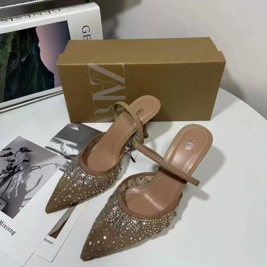 Sandali Estivi da Donna Strass Rete Brillante Tacchi Alti Calzature Eleganti Slingback a Punta Slip on da Festa Scarpe Décolleté da Donna