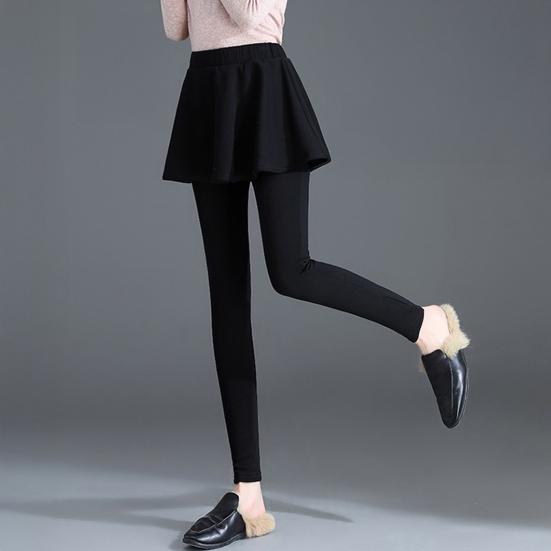 Women Winter Culottes Pants Solid Color High Waist Pleated Skirt Pants Fake Two Piece Leggings-Skirt Combo