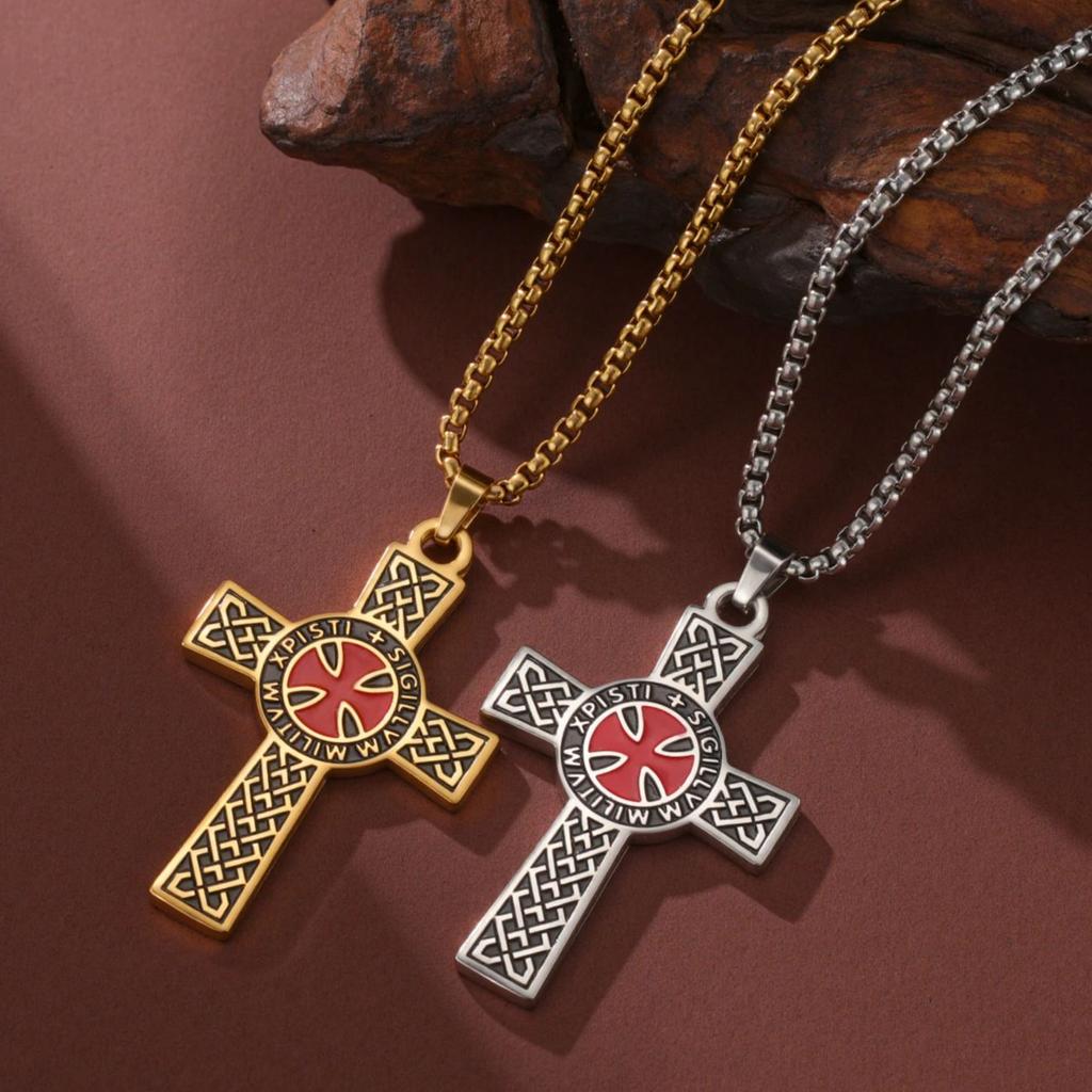 Christliches Kreuz Halskette Rotes Kreuz Templer Symbol für Männer Frauen Vintage Religiöses Gebet Edelstahl Schmuck Geschenk
