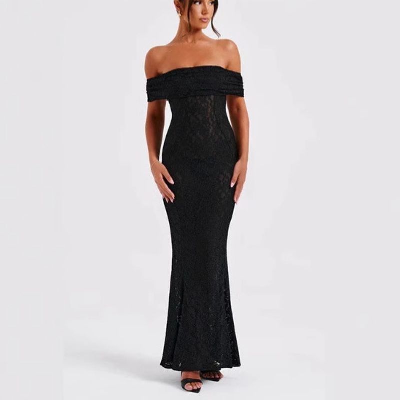 

Women s New Fashion Lace off-Shoulder Dress Open Back Sexy See-through Fashion Strapless Dress Women Black In Stock S
