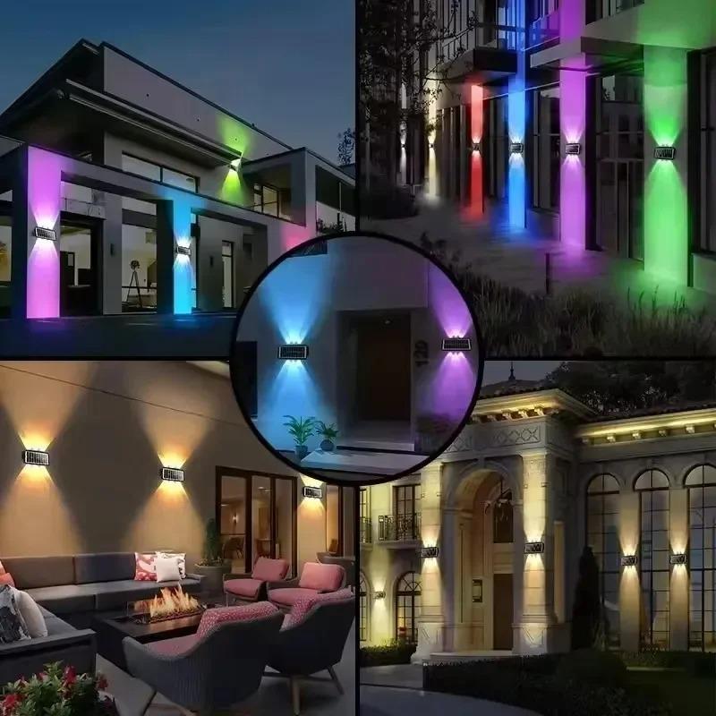 Solar Powered Outdoor RGB LED Lights Waterproof Wall Sconces Fence Lights Up Down Lighting for Deck Patio Yard Garden Decor