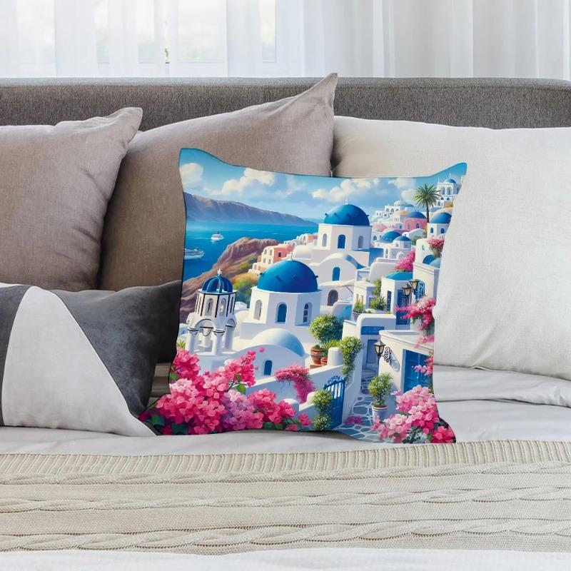 Santorini Landscape Pillow Case Short Plush Pillow Covers Sofa Decorative Gift Home Double-Sided Printing Cushion Cover
