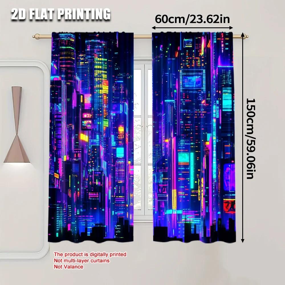 Vibrant Cityscape Window Curtains Polyester Living Room Decor Darkening Set Of 2 Made With Rod Pocket Great