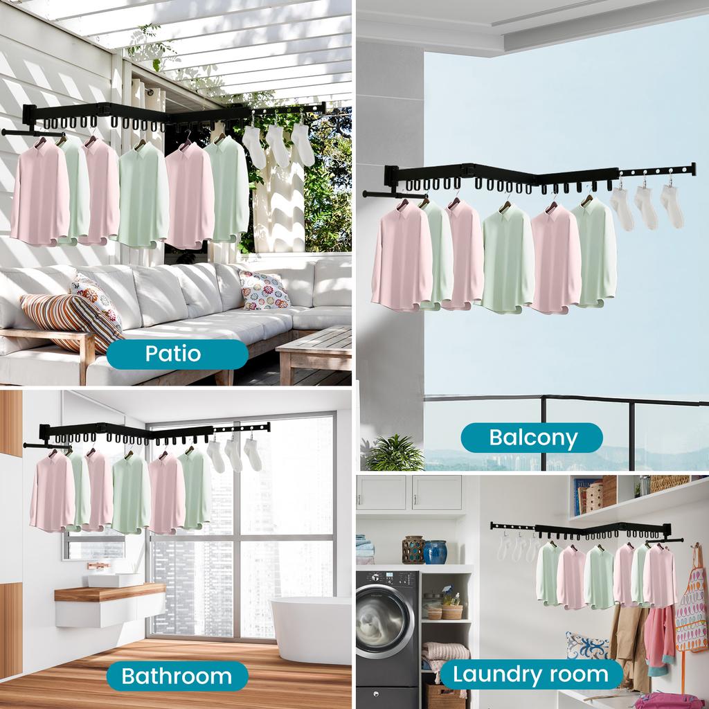 Folding Clothes Drying Rack 3 Fold Wall-Mounted Clothes Hanger Retractable Laundry Comforter Drying Rack with Extension Rod
