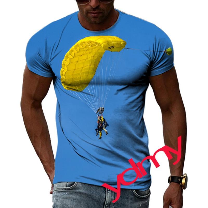 Tide Fashion Summe Parachute Picture Men's T-shirt Casual Print Tees Hip Hop Personality Round Neck Short Sleev Tops